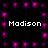Black background with pink star-like sparkles and four instances of the text 'Madison' in white pixelated font.