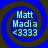 Four identical circular icons with blue backgrounds and dark brown spiral borders, each containing light blue text reading "Matt Madia <3333".