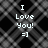 Static pixel art displays 'I Love You! =]' text over a grayscale patterned background with black and white pixels.