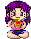 Pixel art character with purple hair eating from a yellow cup, wearing pink top and blue shorts in multiple poses.