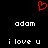 Red pixelated heart symbol above two identical white text blocks reading 'adam' and 'i love u' on black background.