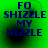 Green background with blue text reading 'FO SHIZZLE MY NIZZLE' in four , each showing slight variations in pixel clarity and alignment