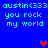 Blue background with cyan text reading "austin<333 you rock my world" repeated twice, featuring red and purple pixel hearts in different positions across observations.