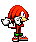 Pixel art character with red hair and blue eyes in six sequential poses holding a white object, wearing green shorts and orange shoes on gray background.