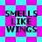 Pixelated text "SMELLS LIKE WINGS" appears on a checkered background with alternating cyan and magenta squares, transitioning to a star-patterned background.