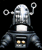Animated robot with transparent dome head, black body, and glowing yellow eyes, showing sequential changes in arm positions and chest lights.