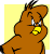 Brown cartoon bird with yellow beak and white eyes, first image shows closed eyes holding object, second image shows open eyes with raised wing.