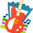 A static pixelated image features a red guitar with white circular sound holes, surrounded by blue musical notes and green accents on a white background.