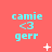Coral background with repeated cyan text 'camie <3 gerr' and small white pixelated symbols scattered across the image.