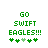 Green pixelated text 'GO SWIFT EAGLES!!!' above five clover symbols on white background, with one symbol changing color between frames.