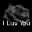 Pixelated grayscale image of a stylized animal head with text "I Luv You" below, set against black background.