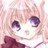 Pixelated anime-style character with light pink hair and purple eyes, wearing a white top with red accents and a dark red bow, next to black background with white text.