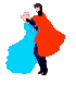 A pixelated animation of a couple dancing in formal attire, with the woman in blue and the man in black with red cape