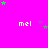 A bright pink background with multiple instances of the text 'mel' in white pixelated font, surrounded by scattered green and purple stars.