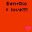Red background with dark blue text reading "Ben+Rio = love!!!!" and two pink pixelated hearts at the bottom.