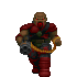 Pixelated character in red armor with yellow belt, holding large weapon, standing against light gray background.