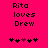 Pixelated text 'Rita loves Drew' on bright pink background with heart symbols below, showing animation of hearts changing position