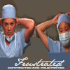 Two figures in light blue medical scrubs adjust surgical caps against a muted brown background with stylized text below.