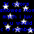 Blue pixelated text on black background with white stars, repeating phrases about colors and rainbows.
