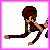 Pixel art animation of a character in two poses with text below, framed by pink border.