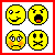 Pixelated yellow smiley faces with varied expressions arranged in a , including winking, shouting, blushing, and wearing sunglasses, with red text reading "which 1 RU 2day?" in the bottom-right