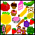Pixelated static image of various food and character icons arranged in a grid, including strawberries, cupcakes, bananas, watermelon slices, and two brown figures with blue eyes.
