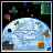 Pixel art depicts a blue and white planet with brown landmasses against black space, surrounded by floating geometric shapes in green, red, orange, and blue.