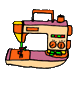 Five cartoon-style sewing machines in orange, purple, and yellow on a gray background, with visible differences in button and control details