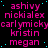 A static image displays repeated names in pink and cyan text on a black background with scattered blue dots.