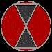 Circular red and gray icon with X-shaped dark gray sections, shown in multiple orientations including side view and vertical stick attachment.