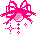 Pixelated pink bow with light pink accents and scattered plus signs on gray background.