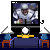 Pixelated animation of a person in yellow shirt cheering on couch with TV screens showing sports, text bubbles reading "Touchdown! Touchdown! Touchdown! Touchdown!" and "Nothing Beats A Big Screen".