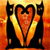 A pixelated icon depicts a stylized orange and yellow flame-like shape with black outlines against a gradient background of warm orange and red tones.