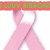 Pink breast cancer awareness ribbon with changing text overlays in green, blue, and purple pixelated fonts.