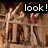 repeated figures in a wooden structure with text overlays reading 'look!', 'they're putting', and 'up the headline'