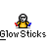 Animated contact sheet of a yellow stick figure character holding red and blue glow sticks, cycling through various poses against a gray background with repeated "Glow Sticks" text labels.