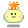 Pixelated yellow circular character with pink cheek marks, black square eyes, and a smiling mouth, topped with an orange star and small yellow sparkles.
