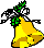Two yellow bells with green and black accents on a gray background, each bell has a small brown section near the bottom.