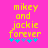 Pixelated yellow text on bright pink background reads "mikey and jackie forever" with blue and purple star-like symbols below, two identical versions side-by-side.