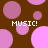 Brown background with pink and purple circles; four instances of 'MUSIC!' text in white pixelated font.
