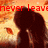 A pixelated image shows a dark silhouette of two figures embracing against an orange and yellow gradient background with red text reading 'never leave' at the top.