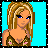 Pixel art contact sheet of a female character in four frames showing full body, torso, legs, and text on cyan background with black dotted border.