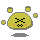 Yellow rounded character with X eyes and mouth, pink cheeks, gray shadow base, surrounded by floating yellow squares on light gray background.