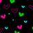 Pixelated heart shapes in pink, green, and cyan float against a black background with scattered blue dots.