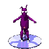 Purple cartoon character with antlers and a tail performs sequential walking animation on circular blue-and-white platform.