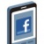 A pixelated smartphone displays a blue screen with the white lowercase 'f' logo centered on it, framed by dark and light gray borders.