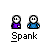 Pixel art of two figures in purple and blue shirts with blank faces, labeled 'Spank' under each, one frame shows 'SMACK!' text above and a pink hand graphic.