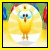 Pixelated yellow bird-like character with blue eyes and orange beak stands on white platform against colorful blurred background.
